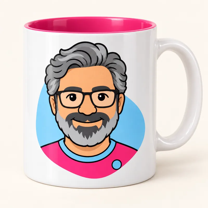 Un mug à l'intérieur fuchsia, avec le portrait de Marc.
