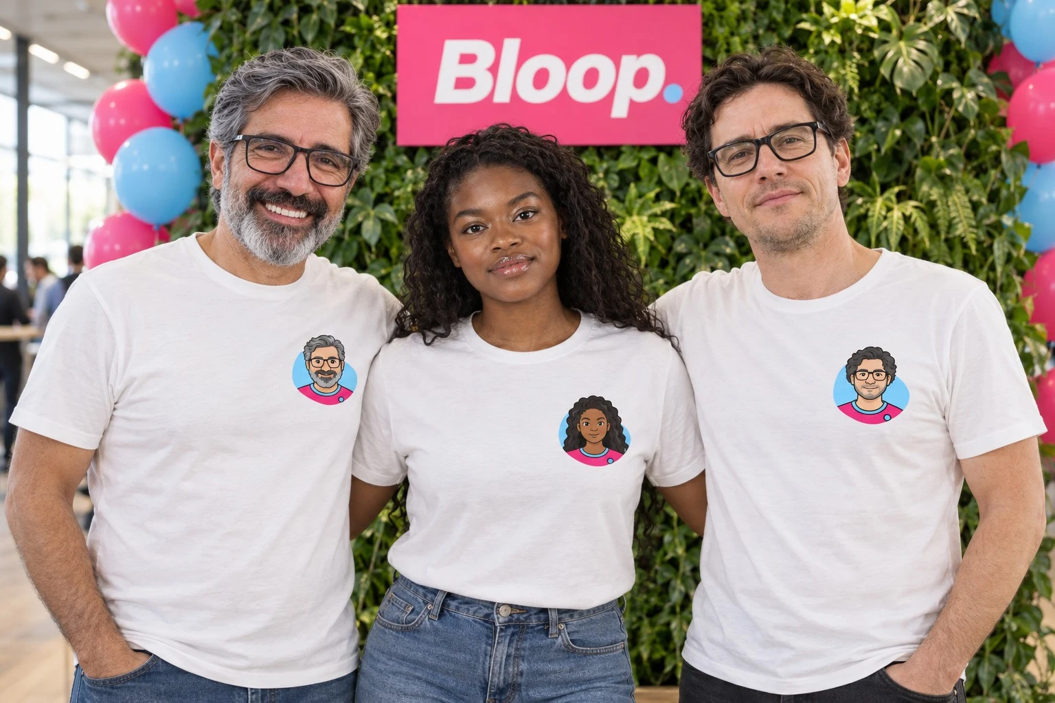 Trois collègues de Bloop en t-shirt blanc, chacun avec son propre portrait côté cœur.